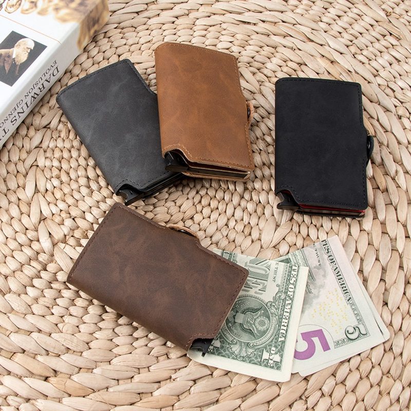 Slim metal and synthetic leather RFID card holder