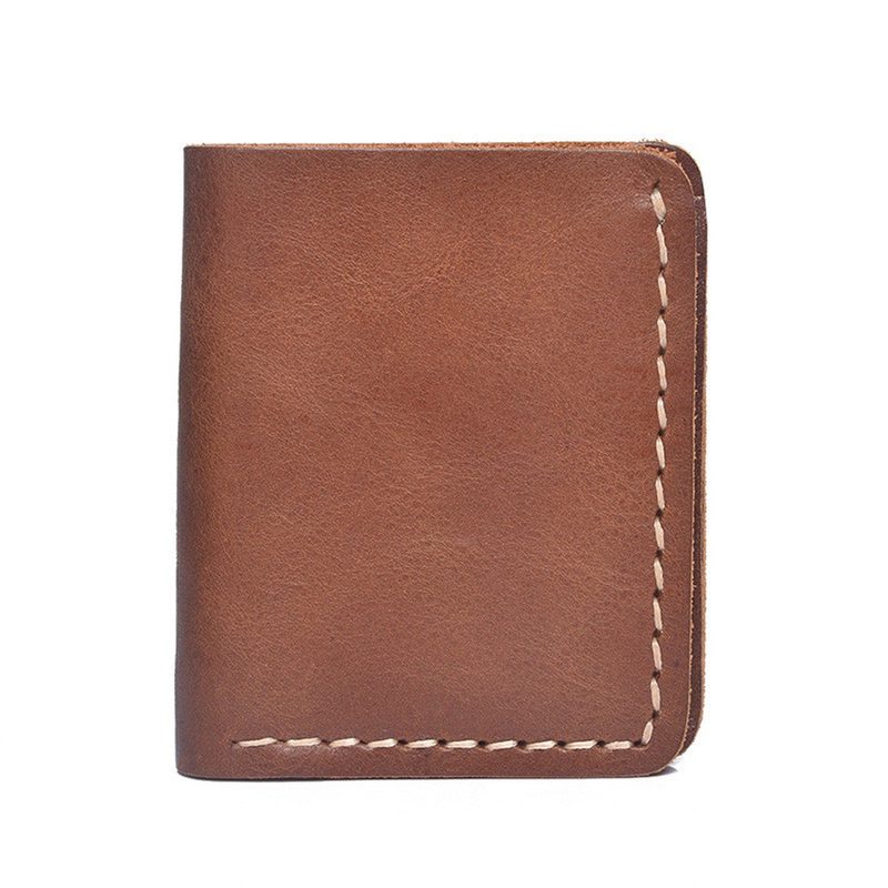 Compact brown crazy horse leather bifold wallet