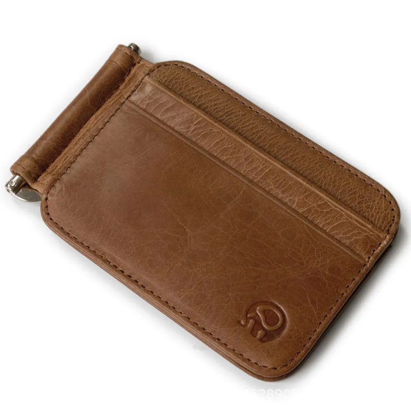 Brown leather card holder with a metal money clip