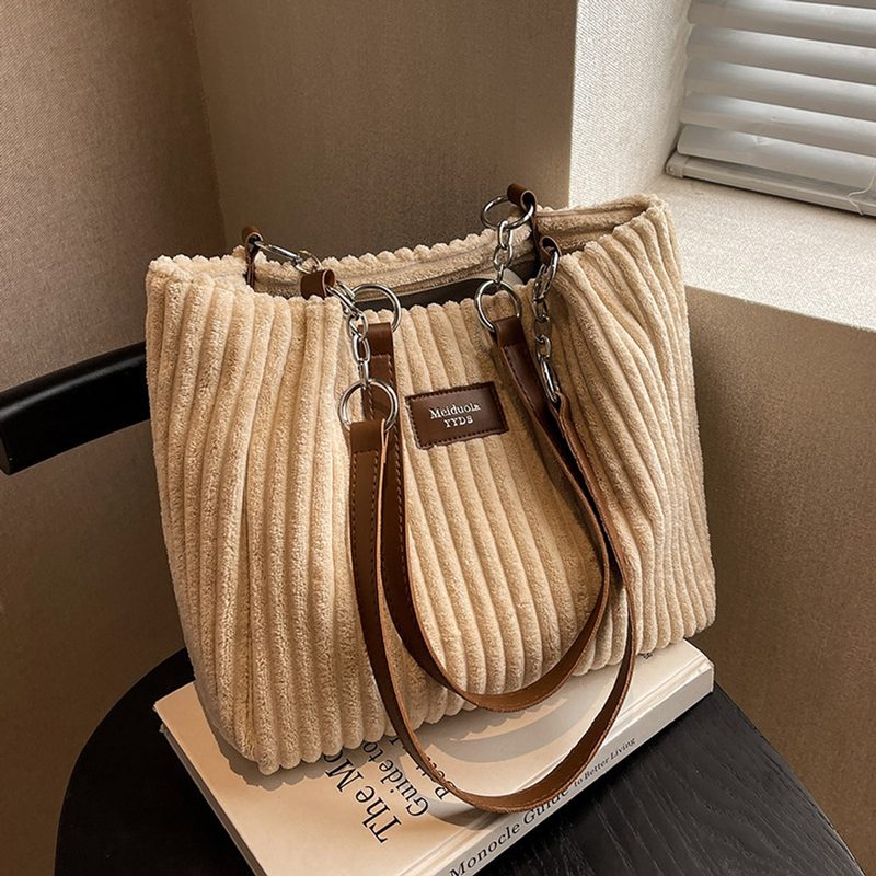 Pleated corduroy shoulder tote bag