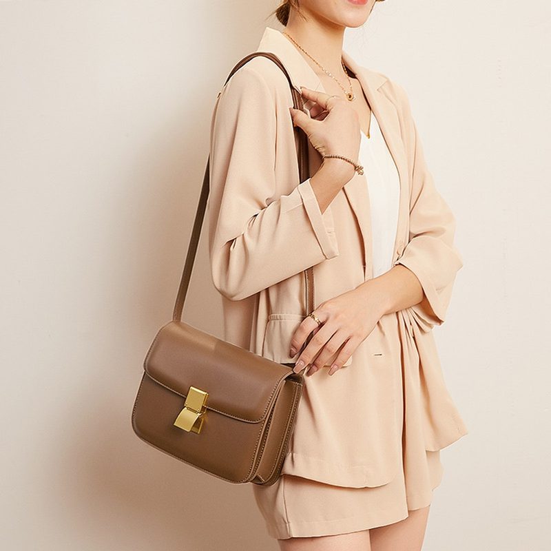 Tan structured box shoulder bag with clasp