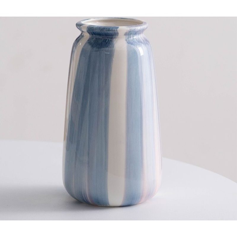 hand painted blue and white striped ceramic vase