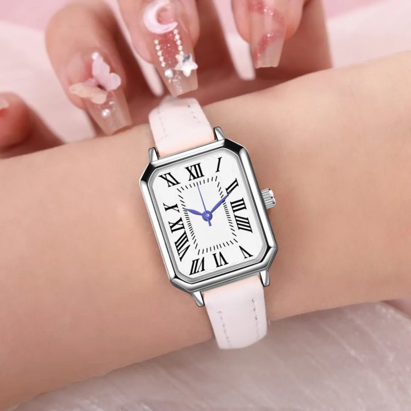 Silver square case watch with a roman numeral dial and thin strap