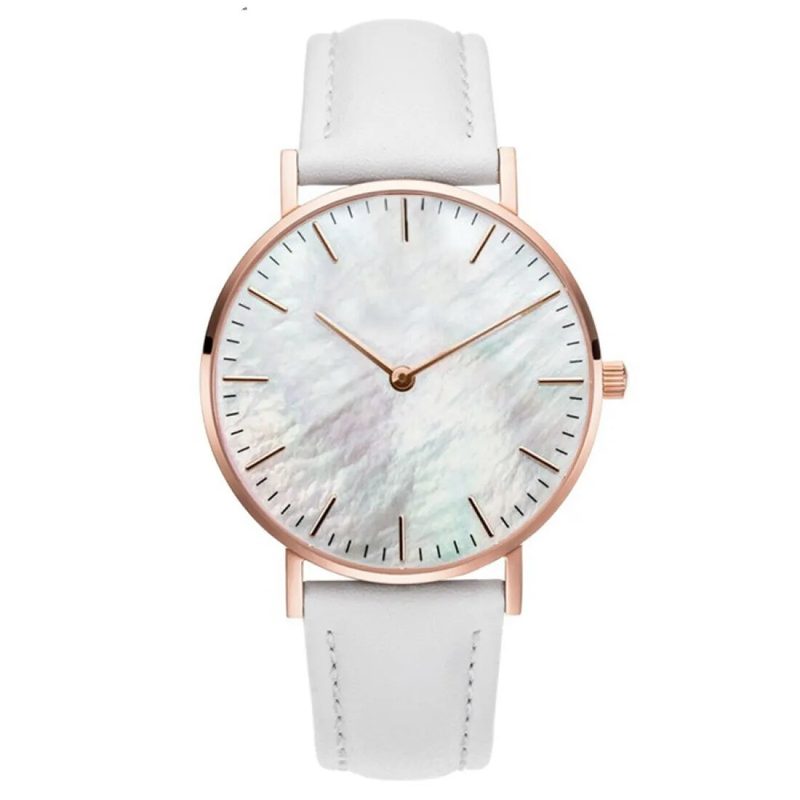 Slim rose-tone watch with a mother of pearl dial on a leather strap