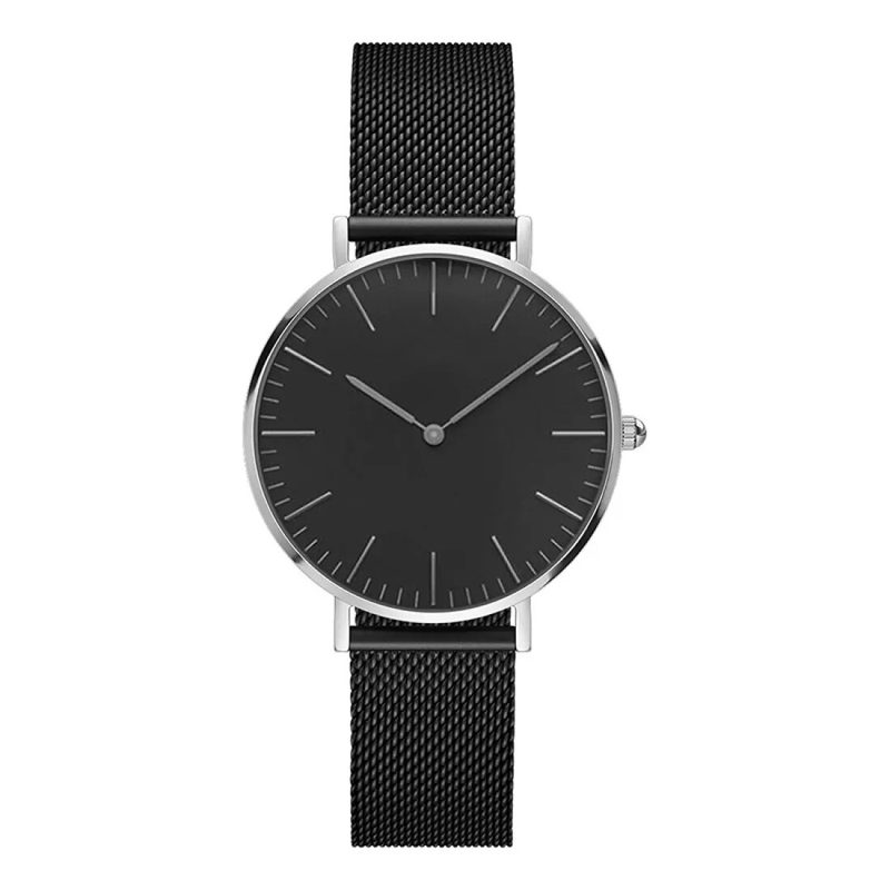 Minimalist black-dial watch with a silver case and mesh strap