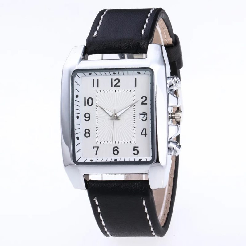 Square-case silver watch with a white numeral dial on a leather strap